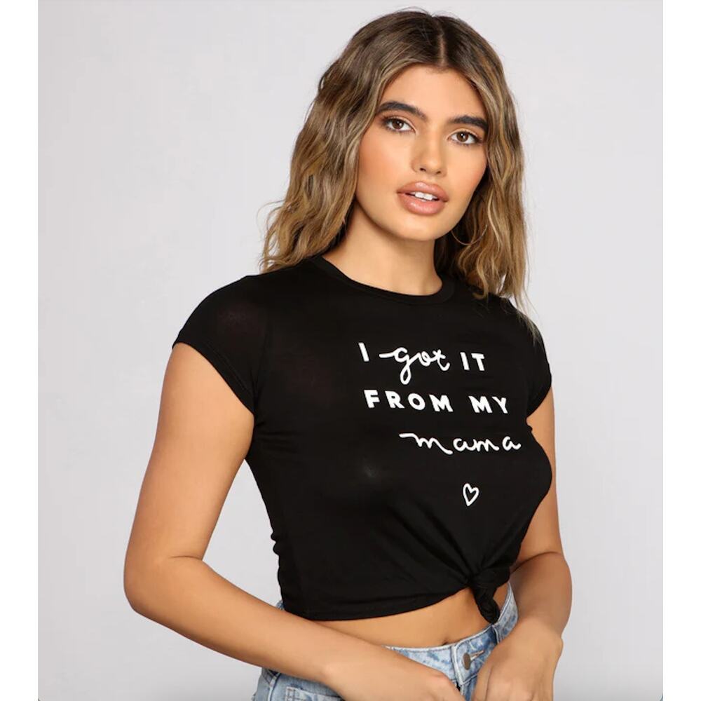 Windsor S Black Got It From My Mama Crop Knot Crew Neck Short Sleeve Tee